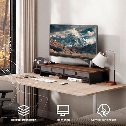 Fenge 35 Inch Monitor Stand with Drawer Storage, Computer Riser for Desk - color: Brown