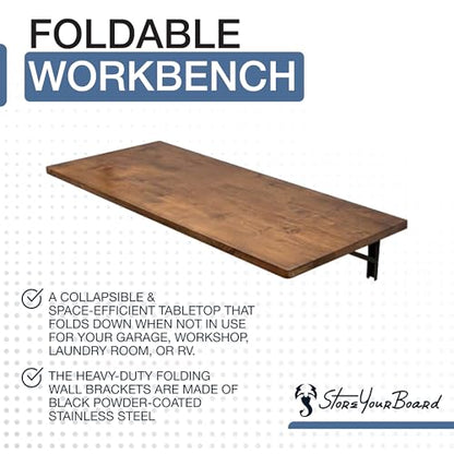 StoreYourBoard Wall Mounted Folding Workbench, 40x18 in, Holds 200 lbs - color: 40"x18" - Dark Wood | Black Powder-coated Brackets