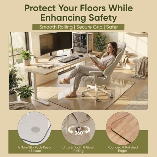 36"x48" Tempered Glass Chair Mat for Hardwood Floor & Carpet | 0.2" Thick Heavy-Duty Tempered Glass With 4 Non-Slip Pads, Smooth Rolling Surface Protects Floors From Scratches And Cracks - size: 36" x 48"
