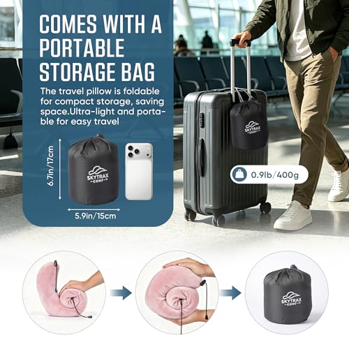 SkytraxComf® Travel Neck Pillow with Hood for Privacy on Long Flights | Memory Foam | Airplane Sleep | Safety-Tested Materials | Extra Large Hood | Chin Support | Earplugs | Washable Cover - color: Pink