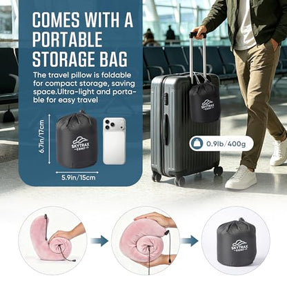 SkytraxComf® Travel Neck Pillow with Hood for Privacy on Long Flights | Memory Foam | Airplane Sleep | Safety-Tested Materials | Extra Large Hood | Chin Support | Earplugs | Washable Cover - color: Pink