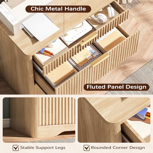 Lateral File Cabinet with 3 Drawers, Natural Oak Fluted Filing Cabinet | Fluted File Cabinet for Letter/Legal/A4 Size Hanging Files, Large Wood File Storage Cabinets Printer Stand for Home Office