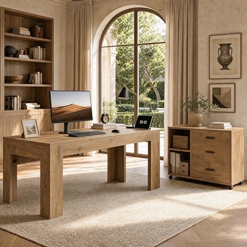 Tribesigns L Shaped Executive Desk with Drawers,Light Brown | Large Office Desk with Rolling File Cabinet Combo,Home Office Computer Desk,Wooden Desk with Long Front Baffle - color: Brown