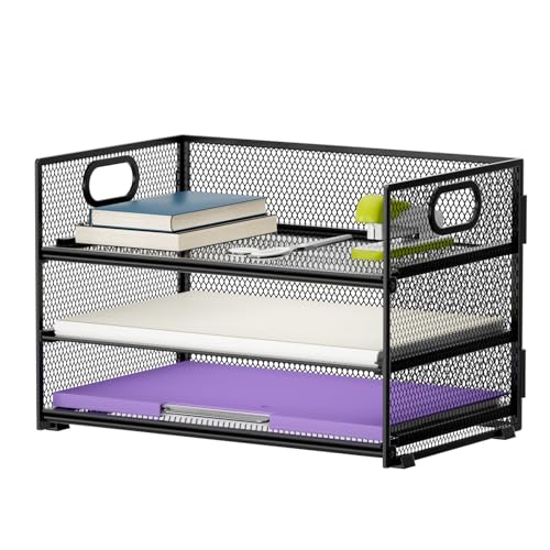 Marbrasse 3 Tier Paper Organizer Letter Tray, Mesh File Organizer with Handle, Paper Sorter Desk Organizer for Home Office Supplies - color: Black