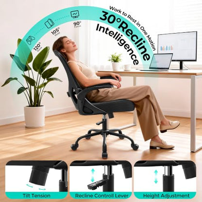 AreShark Office Chair - Ergonomic Breathable Mesh Desk Chair with Adjustable Lumbar Support and Flip-up Armrests - Executive High Back Rolling Swivel Comfortable Computer Gaming Chair for Home Office - color: Black