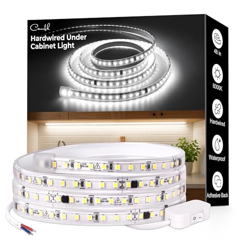 cambk 48inch Hardwired Under Cabinet Lighting for Kitchen,120V Wired Undercounter Led Strip Lights 6000K White Waterproof, Luces para Cocina Bajo Gabinete Under Shelf Lights for Sink/Workbench - size: 48in
