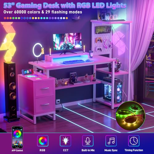 Computer Desk with 2 Fabric Drawers - Reversible Home Office Desk with Power Outlet & LED Lights, 53" Writing Desk with Monitor Stand & Storage Shelves, Gaming Desk Study Table with Pegboard, Pink - color: Pink