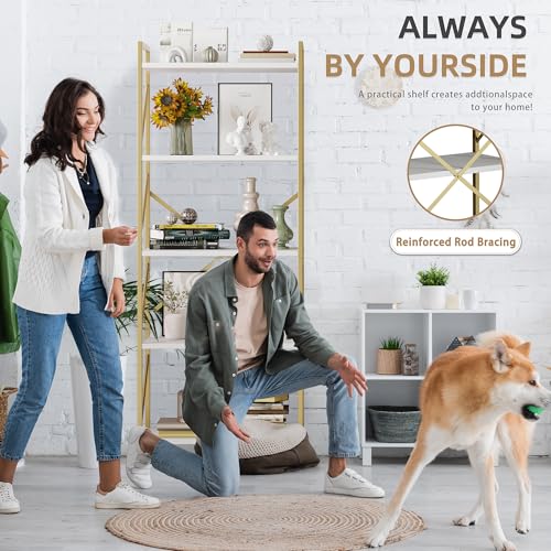Vongrasig 5 Tier Metal Bookshelf, Narrow Industrial Bookcase, White+Gold - color: White Gold