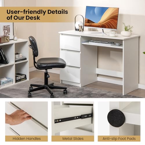 Tangkula White Desk with 3 Storage Drawers & Built-in Charging Station, Home Office Desk with Keyboard Tray, PC Desk Study Writing Table, Vanity Table for Bedroom, Computer Workstation (White) - color: White