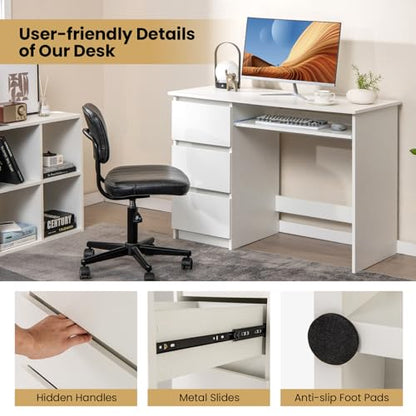 Tangkula White Desk with 3 Storage Drawers & Built-in Charging Station, Home Office Desk with Keyboard Tray, PC Desk Study Writing Table, Vanity Table for Bedroom, Computer Workstation (White) - color: White
