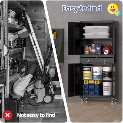Metal Garage Storage Cabinet with 4 Wheels and 2 Drawers, 72" Heavy Duty Rolling Tool Storage Cabinet Organizer, Locking Doors and Adjustable Shelves for Garage, Workshop, Office, Warehouse