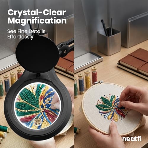 Neatfi LED Bifocal Magnifying Lamp 1,200 Lumens – 5” Glass Lens, Dual Magnification 3X/6X, Dimmable Task Light | Adjustable Arm with Clamp | Crafting, Jewelry & Reading (8 Diopter + 20 Diopter, Black) - color: Black, size: 8 Diopter + 20 Diopter