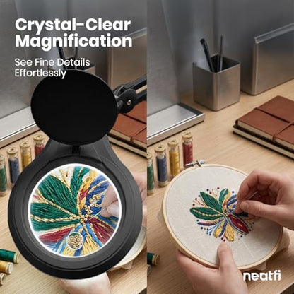 Neatfi LED Bifocal Magnifying Lamp 1,200 Lumens – 5” Glass Lens, Dual Magnification 3X/6X, Dimmable Task Light | Adjustable Arm with Clamp | Crafting, Jewelry & Reading (8 Diopter + 20 Diopter, Black) - color: Black, size: 8 Diopter + 20 Diopter