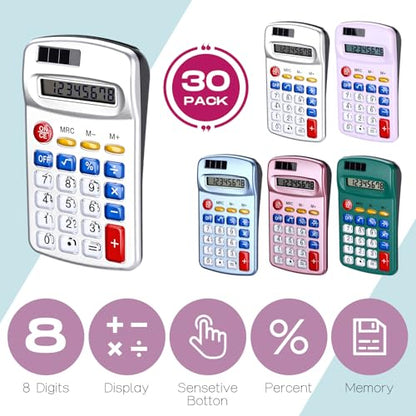 Flutesan 30 Pack Pocket Calculator,Blue, Gray, Red, Green, Purple - color: Blue, Gray, Red, Green, Purple