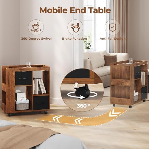 Yaheetech Narrow End Table Storage Drawer Rolling Shelves, Rustic Brown | Open Shelves | Magazine Rack | Rolling Wheels | Wooden Construction | Living Room & Bedroom - color: Rustic Brown