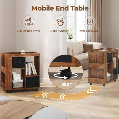 Yaheetech Narrow End Table Storage Drawer Rolling Shelves, Rustic Brown | Open Shelves | Magazine Rack | Rolling Wheels | Wooden Construction | Living Room & Bedroom - color: Rustic Brown