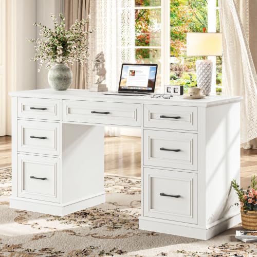 Vabches Farmhouse 59'' Executive Desk with File Drawers, Cream White - color: Cream White, size: 59" W