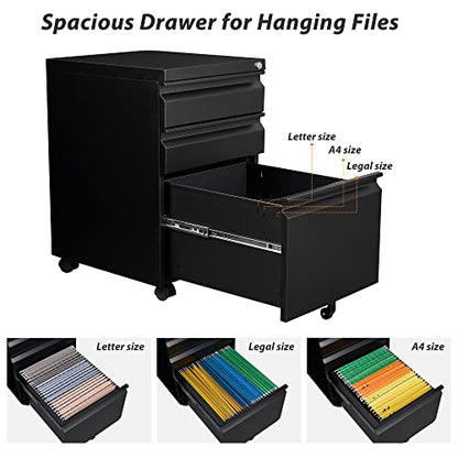3 Drawer File Cabinet with Wheels, Metal Filing Cabinet with Lock, Office Rolling File Cabinets for A4/Legal/Letter Size, Assembly Required, Black - color: Black, size: 3 Drawer (Wheel)