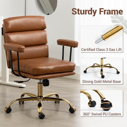 Faux Leather Home Office Desk Chair, Ergonomic Executive Computer Chair with Gold Base, Padded Seat and Armrests, Adjustable Height Swivel Makeup Vanity Chair with Wheels, Brown - color: Brown