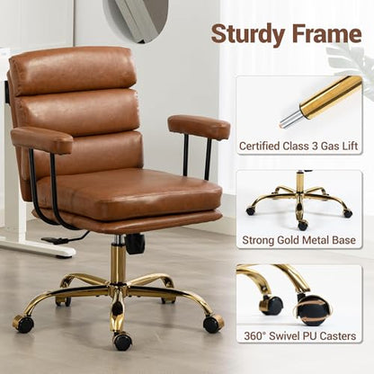 Faux Leather Home Office Desk Chair, Ergonomic Executive Computer Chair with Gold Base, Padded Seat and Armrests, Adjustable Height Swivel Makeup Vanity Chair with Wheels, Brown - color: Brown