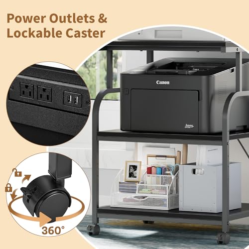 VECELO Large Printer Stand with Power Outlet, 3-Tier Rolling Cart with Adjustable Shelf & Lockable Wheels, Heavy Duty Utility Table for Home Office, 18.9"x23.6"x30.2", Black