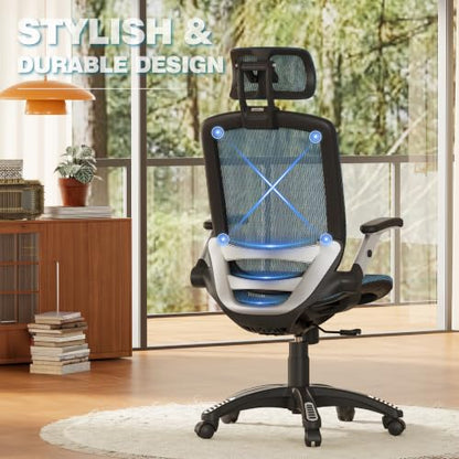 GABRYLLY Ergonomic Office Chair, High Back Home Desk Chair with 2D Flip-Up Arms, 3D Headrest, 90-120° Tilt and Wide Cushion, Big and Tall Mesh Chairs for Man Woman, Blue Computer Task Chair - color: Navy Blue