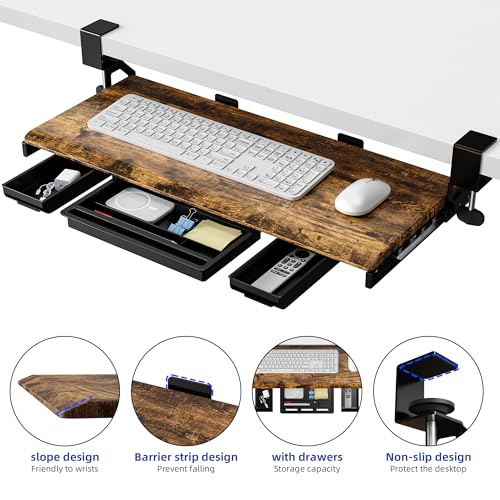 ETHU Keyboard Tray Under Desk, Pull Out Keyboard & Mouse Tray with C-clamp, Ergonomic Desk Keyboard Tray Slide Out, Pull Out Platform Drawer for Home and Office(Wood) - color: Wood