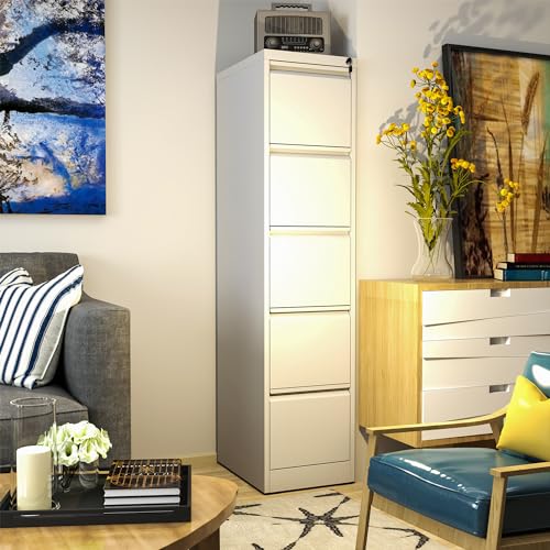 5 Drawer File Cabinet with Lock, 18" D Metal Vertical Filing Cabinets, Steel File Storage Cabinets for Home Office, Hanging A4 Legal/Letter Size Narrow File Cabinet, Assembly Required - color: White, size: 5 Drawers
