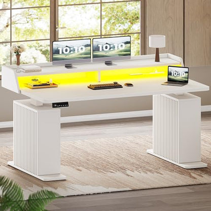 SEDETA Standing Desk with Storage, 55" Fluted Stand Up Desk with Power Outlets & LED Lights, Height Adjustable Table with Monitor Shelf for Home Office, Gaming, White - color: White