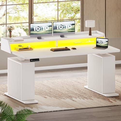 SEDETA Standing Desk with Storage, 55" Fluted Stand Up Desk with Power Outlets & LED Lights, Height Adjustable Table with Monitor Shelf for Home Office, Gaming, White - color: White