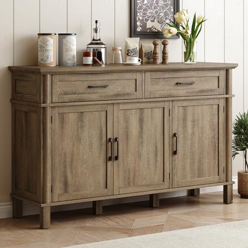 55 Inch Buffet Cabinet with Storage, Washed Grey | Farmhouse Sideboard Buffet w/2 Drawers and 3 Doors, Wood Coffee Bar Cabinet with Adjustable Shelves for Kitchen, Living Room - color: Washed Grey, size: 55 Inch