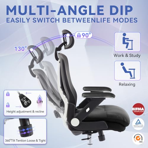 750lbs Ergonomic Office Chair,Upgrade Big and Tall Office Chairs for Heavy People,Mesh High Back Desk Chair with 5D Flip Arms Large Wheels,Adjustable Headrest & Lumbar Support,Wide Chairs - color: Black With Electroplated Color, style: Crystal Wheels