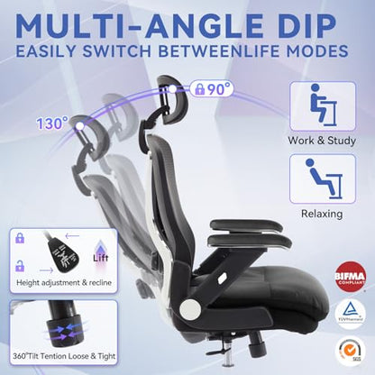 750lbs Ergonomic Office Chair,Upgrade Big and Tall Office Chairs for Heavy People,Mesh High Back Desk Chair with 5D Flip Arms Large Wheels,Adjustable Headrest & Lumbar Support,Wide Chairs - color: Black With Electroplated Color, style: Crystal Wheels