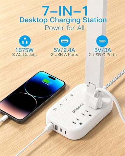 LED Desk Lamp, 10Ft Power Strip with 3 Outlets 4 USB Ports(2 USB C), White - color: White, size: 10 Ft