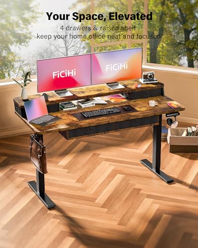 FiCiHi 55x24 Inch Electric Standing Desk, 4 Drawers, Adjustable Height Desk - color: Rustic Brown, size: 55"x24" (4 Drawers)