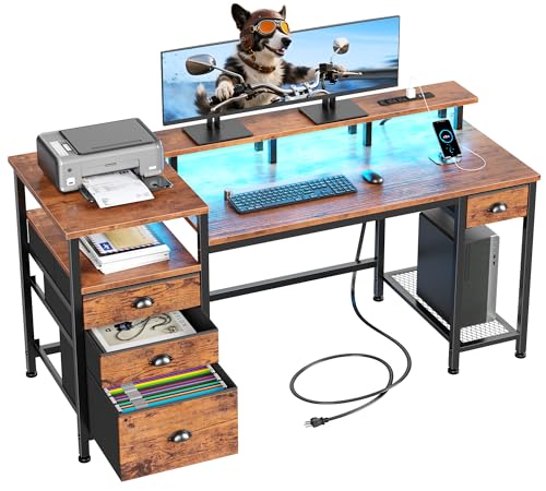 Furologee 60" Computer Desk with 4 Drawers, Power Outlet, LED, Rustic Brown - color: Rustic Brown, size: 60 Inch