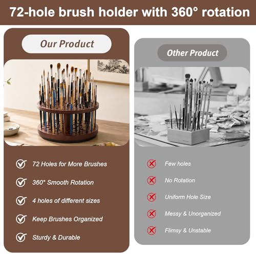 Solid Wood 360° Spinning Paint & Makeup Brush Organizer - color: brown（72 Holes）