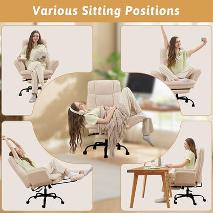 Wider Seat Office Chair with Flip Armrests for Criss Cross Legged&Cats, Big and Tall Executive Ergonomic Reclining Chair with Footrest&Lumbar Pillow, Teddy Fleece Desk Chair,Beige Vanity Chair - color: Beige
