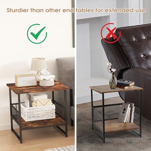 DHMAKER End Table, Industrial Side Table with 2-Tire Storage Shelf, 180LBS Mini Fridge Stand with Adjustable Feet, 24"x24" Wood Night Stand Small Bedside Table for Living Room Bedroom, Brown - color: Rustic Brown 1pc 24inch