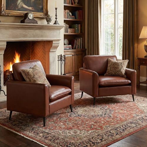 TYBOATLE Accent Chair Set of 2, Brown Leather Accent Chair, Comfy Living Room Chair, Cozy Reading Sitting Chair, Mid Century Modern Accent Chairs, Arm Reception Chairs, Office Furniture - color: Brown