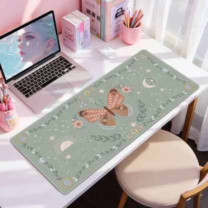 DINKY Leather Desk Pad, Green Butterfly Laptop Computer Desk Keyboard Mat, Table Protector Blotter Mat, Non-Slip Large Mouse Pad for Office/Work/Home 35.4" x 15.7" - color: Green Butterfly