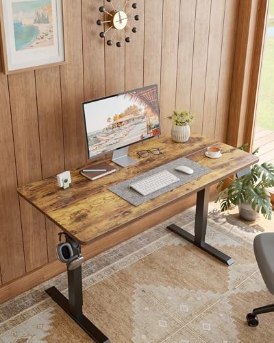 DESINO Standing Desk, 63 × 28 Inches Electric Height Adjustable, Sit and Stand Up, Computer Office Desk with Splice Board, Black Frame/Rustic Brown TOP - color: Rustic Brown, size: 63x28