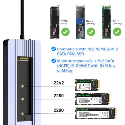 12-in-1 USB C Hub with M.2 SSD Enclosure – Expand Your Laptop with 4K/60Hz HDMI, 1Gbps Ethernet & Dual Storage (NVMe/SATA), USB 3.0/USB-C (5Gbps)–Works with MacBook Pro, Perfect for Multi-Tasking - size: 12 in 1 Support SATA & NVMe