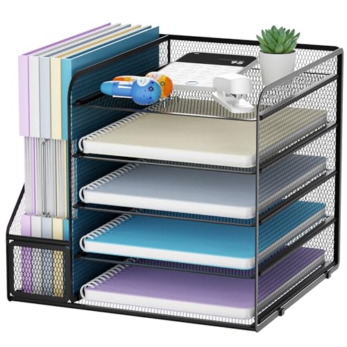 Marbrasse Desk Organizers and Accessories, 5-Tier Paper Letter Tray Organizer with File Holder, Mesh File Organizer, Office Desk Accessories & Organization for Supplies (Black) - color: Black