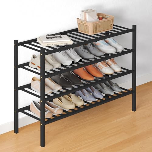 Smiry Bamboo Shoe Rack for Closet, 4 Tier - 33.86" Wide, Black | Stackable Wooden Shoe Organizer, Wood Shoe Storage Shelf for Entryway, 16 Vertical Slats, Reinforced Legs - color: Black, size: 4 Tier - 33.86" Wide