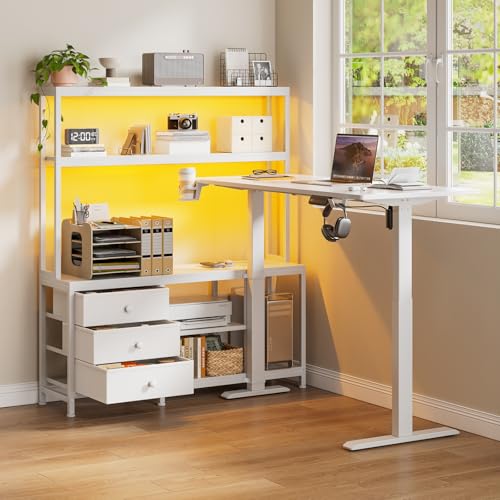 REAHOME 65Inch White L Shaped Standing Desk with Drawers and Hutch | Charging Station, RGB LED lights, Reversible Desk, File Drawer& Storage Cabinet for home office, Dual Motor Sit Stand Frame - color: White