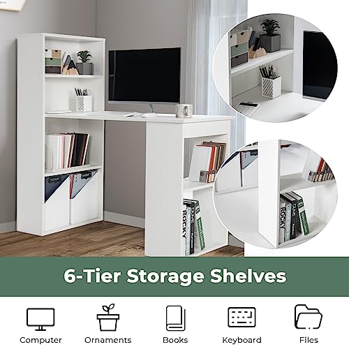 GIANTEX 48 Inch Computer Desk with Bookshelf, 3-in-1 Home Office Desk with 4-Tier Bookcase & CPU Stand, Space-Saving Reversible Writing Desk Work Table for Bedroom, Study Room, Office (White) - color: White