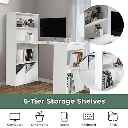 GIANTEX 48 Inch Computer Desk with Bookshelf, 3-in-1 Home Office Desk with 4-Tier Bookcase & CPU Stand, Space-Saving Reversible Writing Desk Work Table for Bedroom, Study Room, Office (White) - color: White