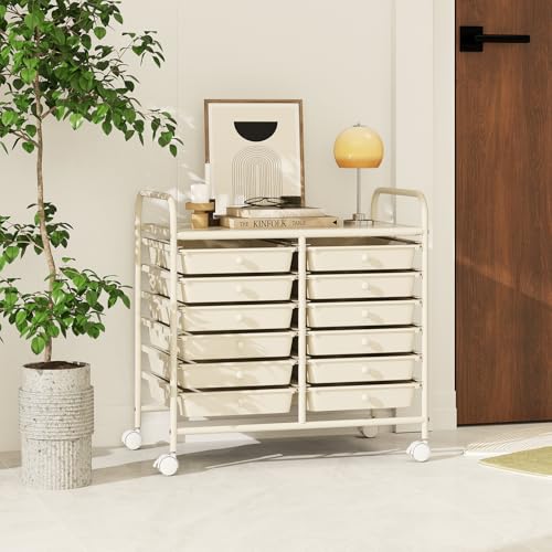 RELAX4LIFE 12-Drawer Rolling Storage Cart - Mobile Utility Cart on Wheels for School Classroom Teacher Office Salon, Paper File Art Supply Craft Organizer, Rolling Cart with Drawers (White) - color: White, size: 24.5''