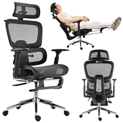 Mesh Ergonomic Office Chair with Footrest, Black | High Back, Lumbar Support, Adjustable Headrest and Armrests, Gaming Chair,Home Office Desk Chair - color: Black, style: Modern